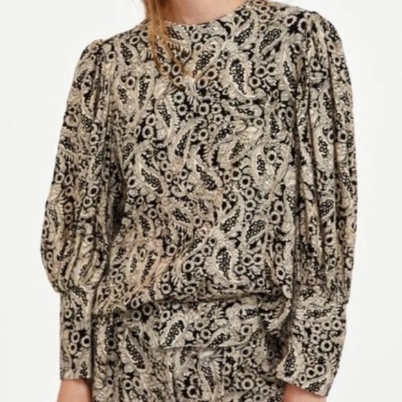 Zara Black and Cream Patterned Blouse - Picture 1 of 8